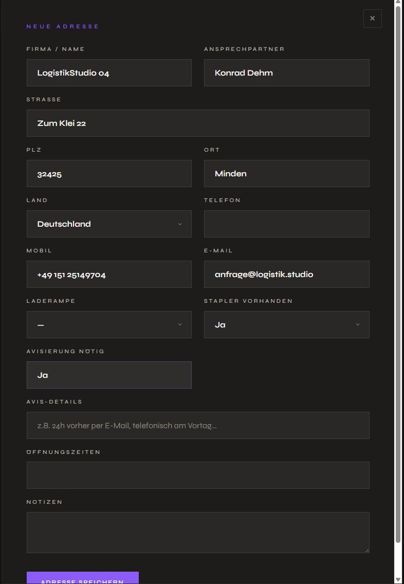 Adressformular mit Pflichtfeldern wie Firma, Ansprechpartner, Stapler vorhanden