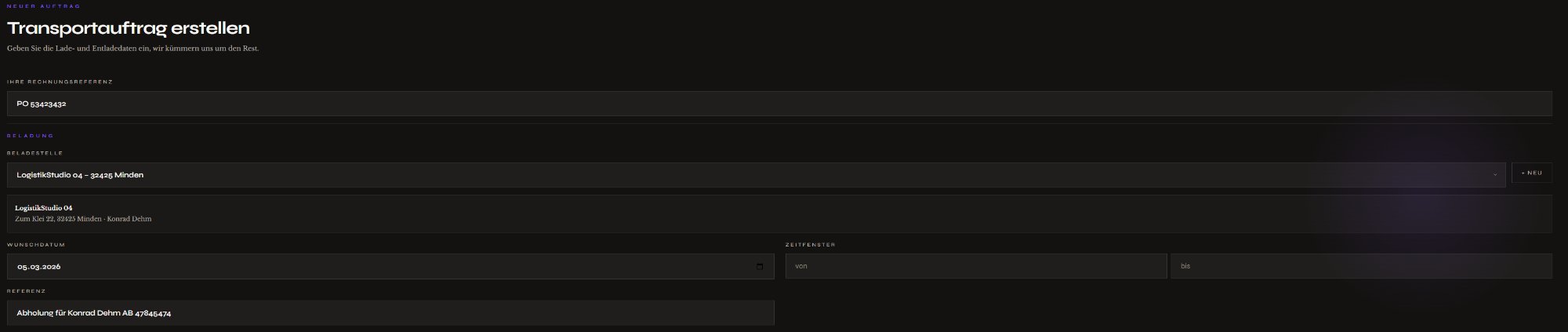 Auftragsformular: Bereich Beladung mit Rechnungsreferenz, Beladestelle, Wunschdatum und Referenz