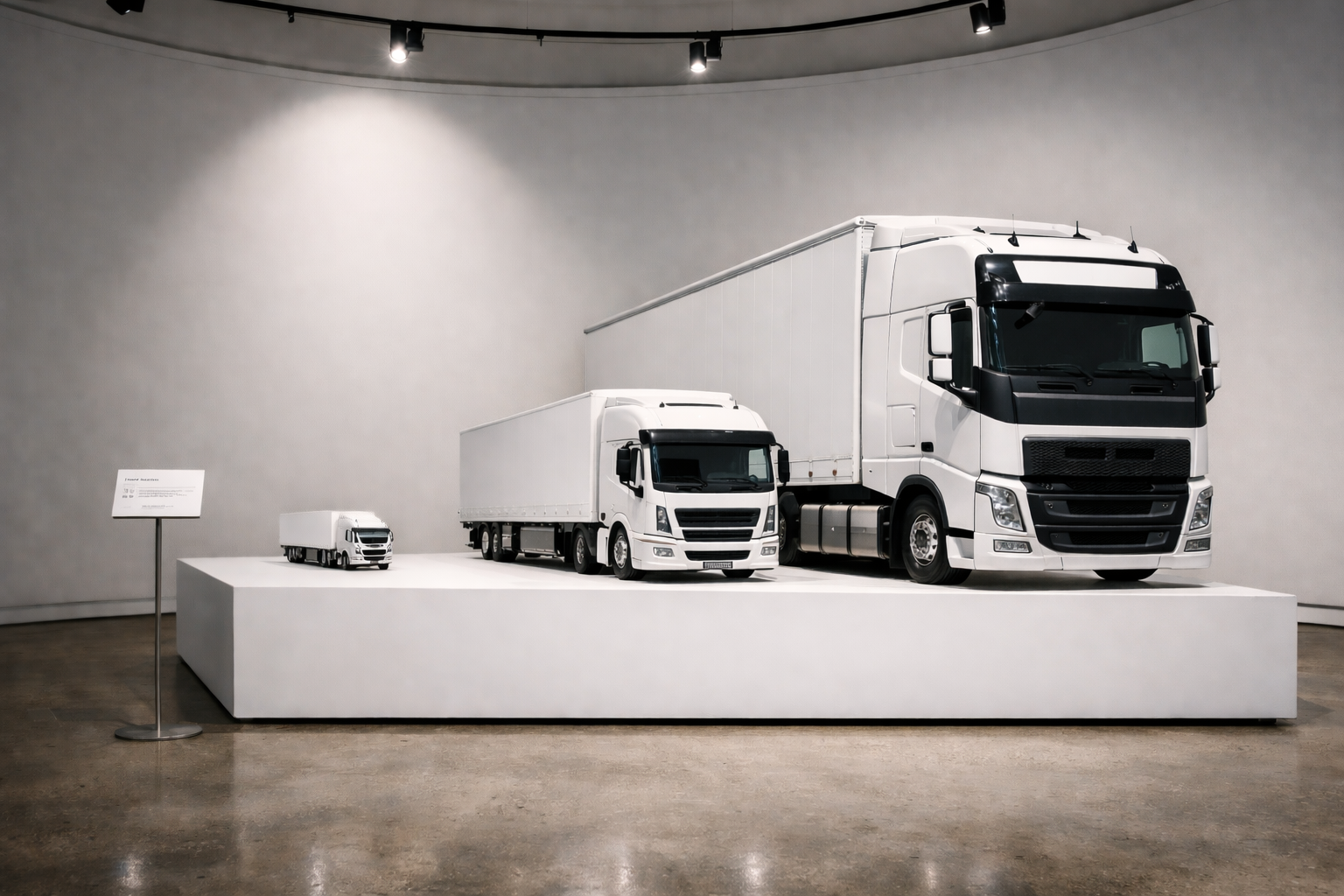 Spielzeugauto, Modell-LKW und echter LKW im Größenvergleich als Exponat