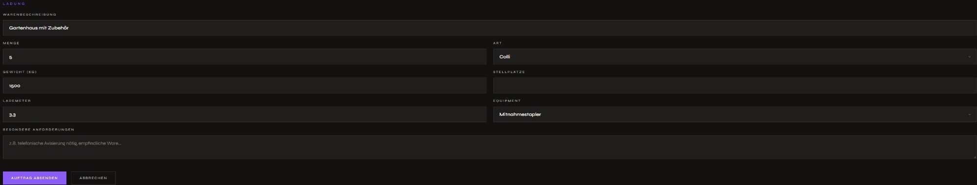 Auftragsformular: Bereich Ladung mit Warenbeschreibung, Menge, Art, Gewicht, Lademeter und Equipment